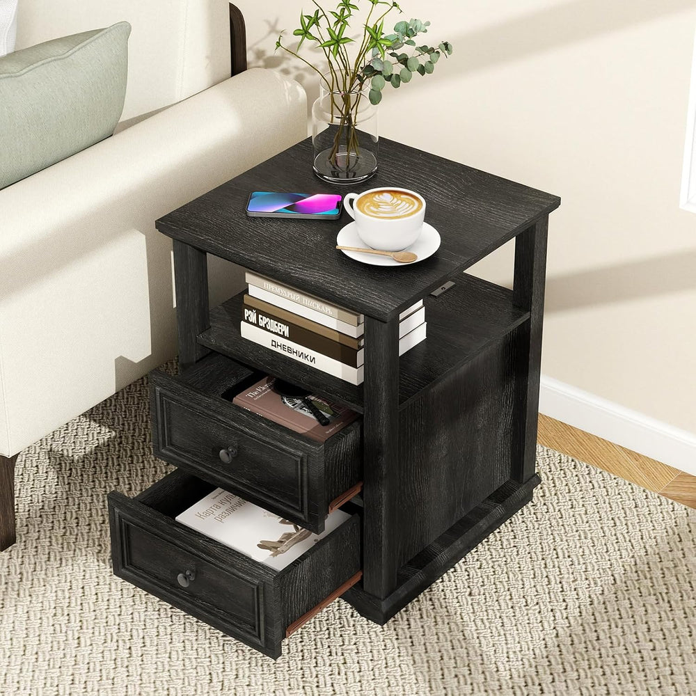 MUUEGM Farmhouse Nightstand 18” Brown End Table with Charging Station Rustic ...