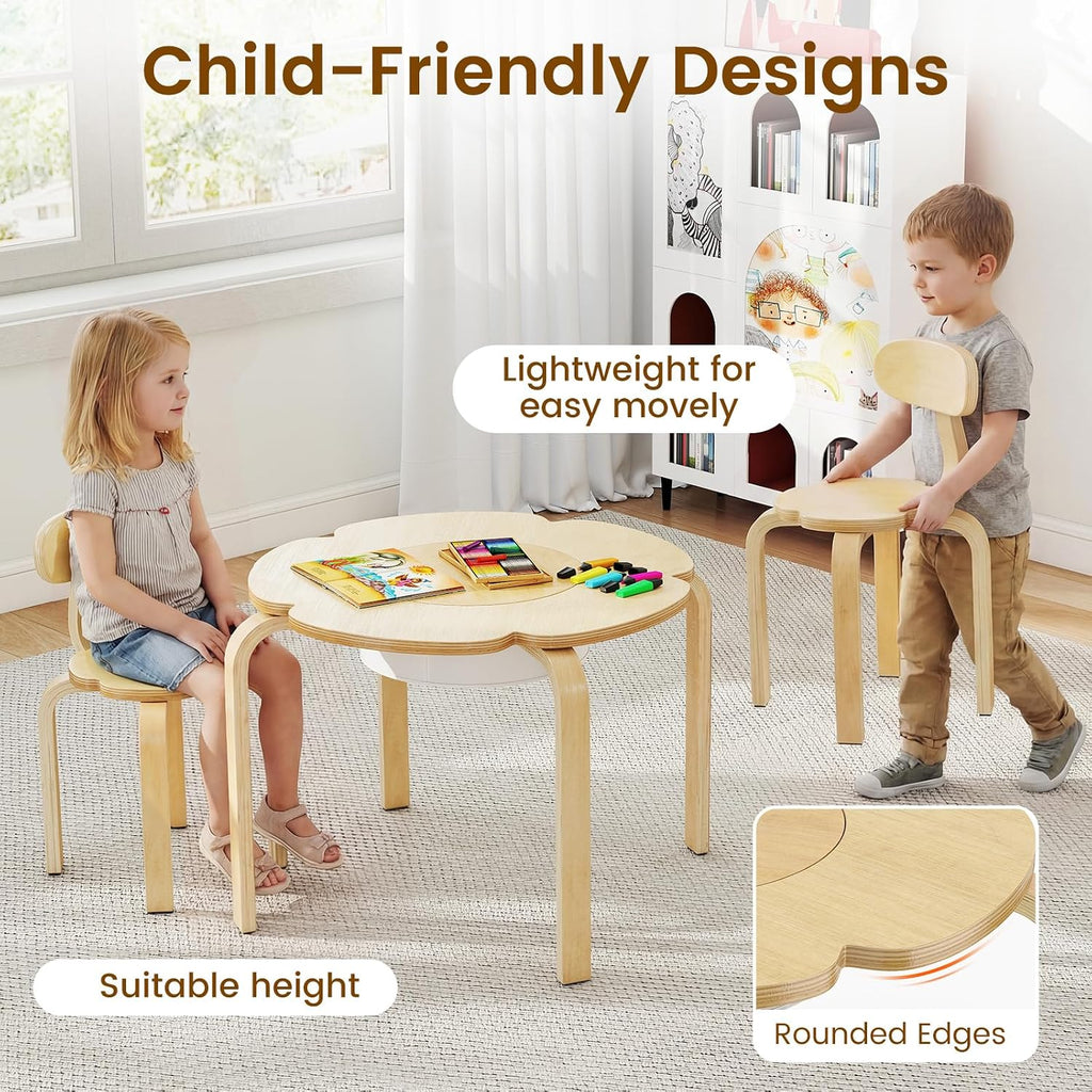 Olakids Kids Table and Chair Set, Wooden Toddler Activity Desk with Center Storage Basket, Ideal 3-Piece Children Furniture for Art Crafts Playing Eating Drawing Reading
