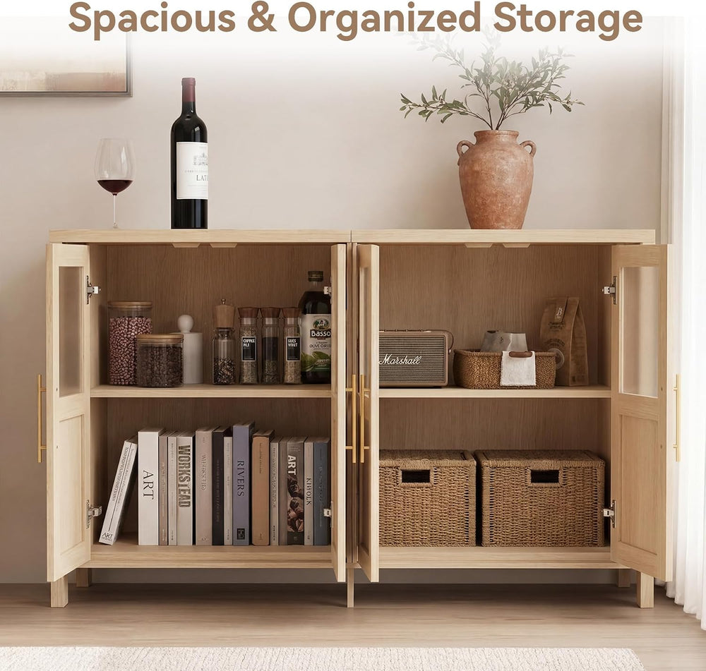55" Sideboard Cabinet with Glass Doors, Large Buffet Cabinet with Storag...