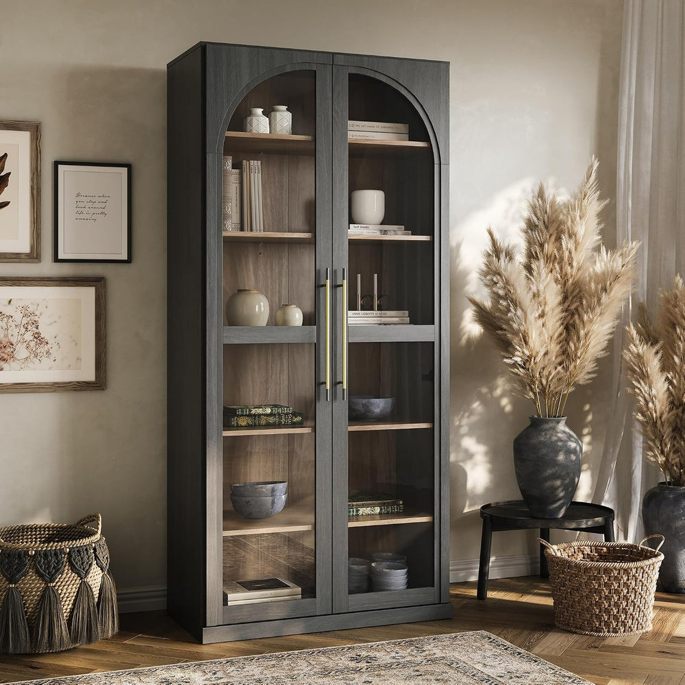 BELLEZE 67" Tall Glass Display Cabinet, Modern Wood Curio Cabinet Bookca...