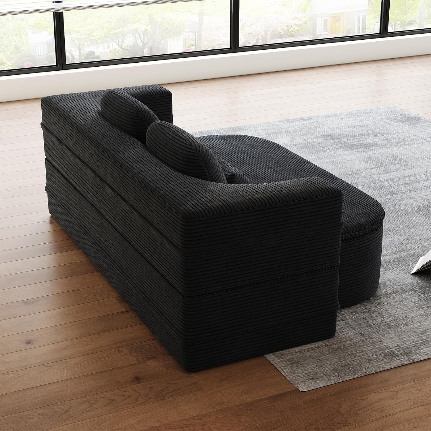 Antetek Convertible Sleeper Sofa, Modern Folding Futon Corduroy Floor Foam Compression Loveseat Sofa Bed Couch, Foldable Full Size Guest Bed with 4 Pillows for Living Room Bedroom Apartment, Black