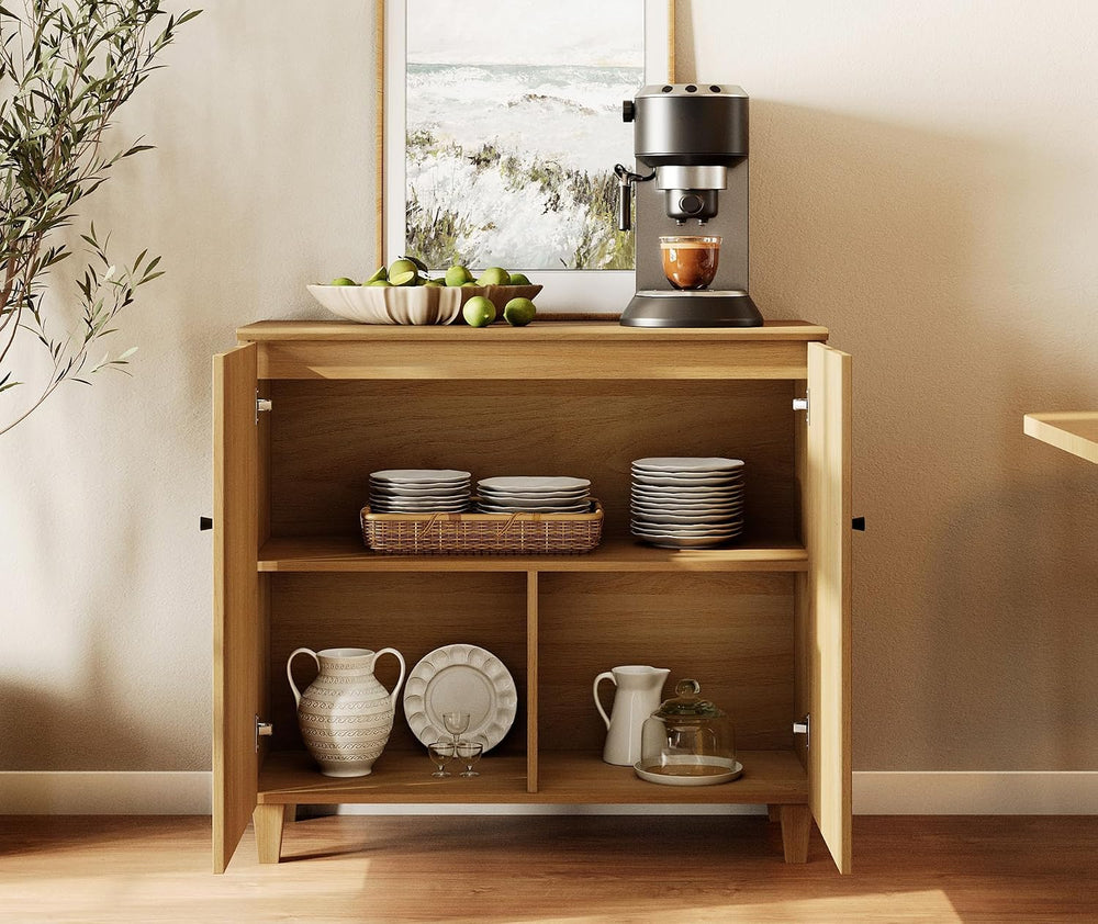 WAMPAT 35.4" Wood Sideboard Buffet Table with 2 Doors – Small Oak Creden...