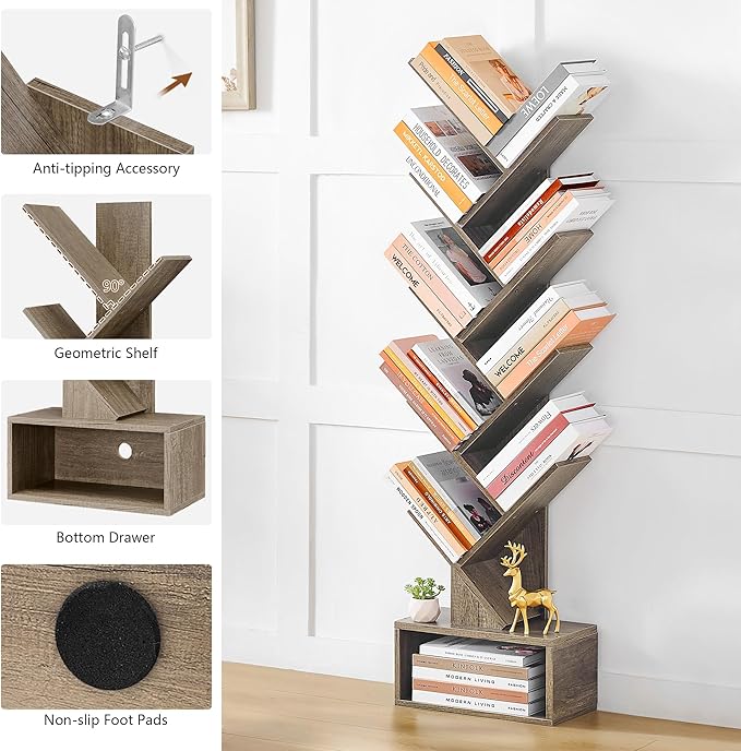 Hoctieon 9 Tier Tree Bookshelf, Tall Bookcase with Drawer, Wood Book Shelf, Modern Floor Standing Bookshelves, Book Organizer Shelves for Bedroom, Living Room, Home Office, Greige