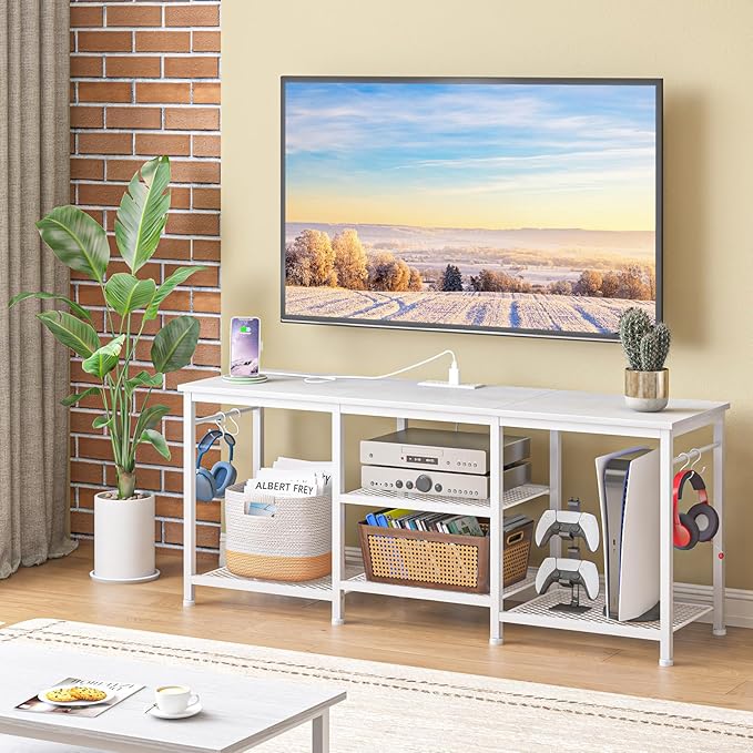 YGEOMER Entertainment Center for 55 inch TVs, TV Stand with Power Outlet and ...