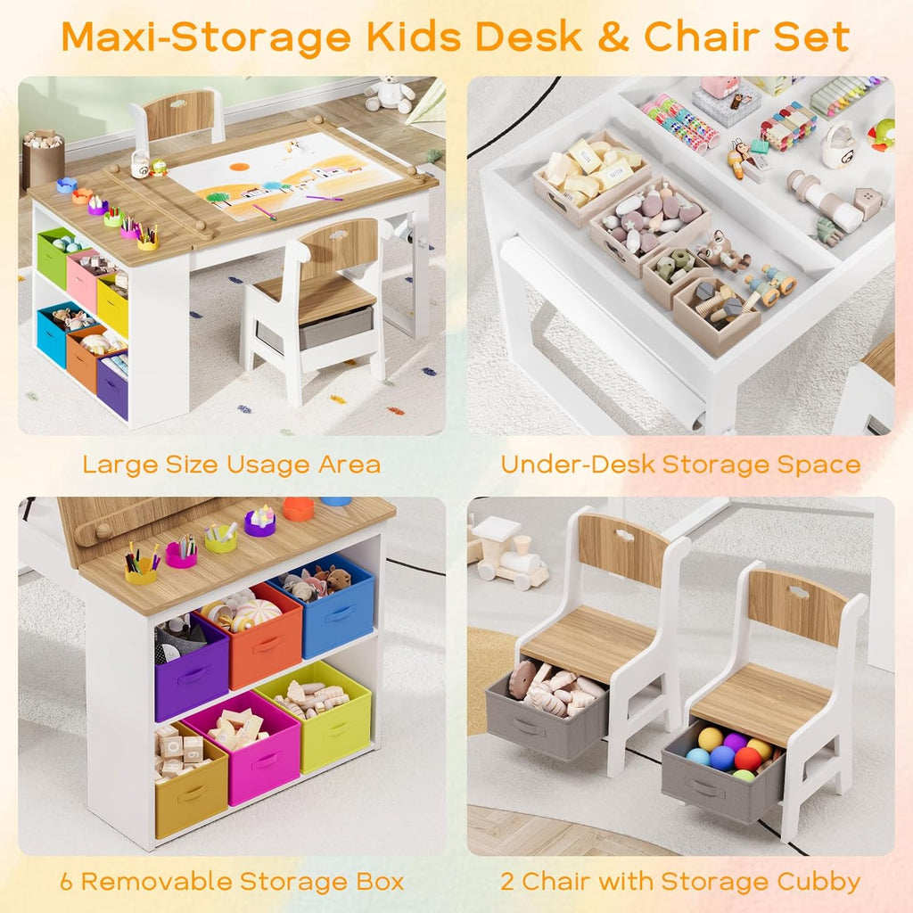 Befrases Kids Art Table and Chairs, Toddler Craft Table and 2 Chairs Set with Roll Paper, Large Activity Desk with 6 Colorful Paint Cups & Storage for Drawing, Learning and Reading