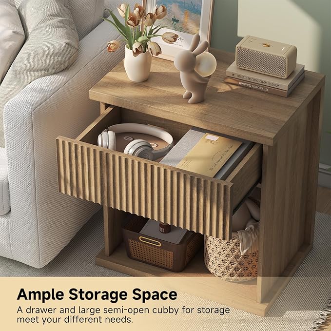 Fluted Nightstand Set of 2, 22.8" Wide Nightstands with Drawer Storage L...