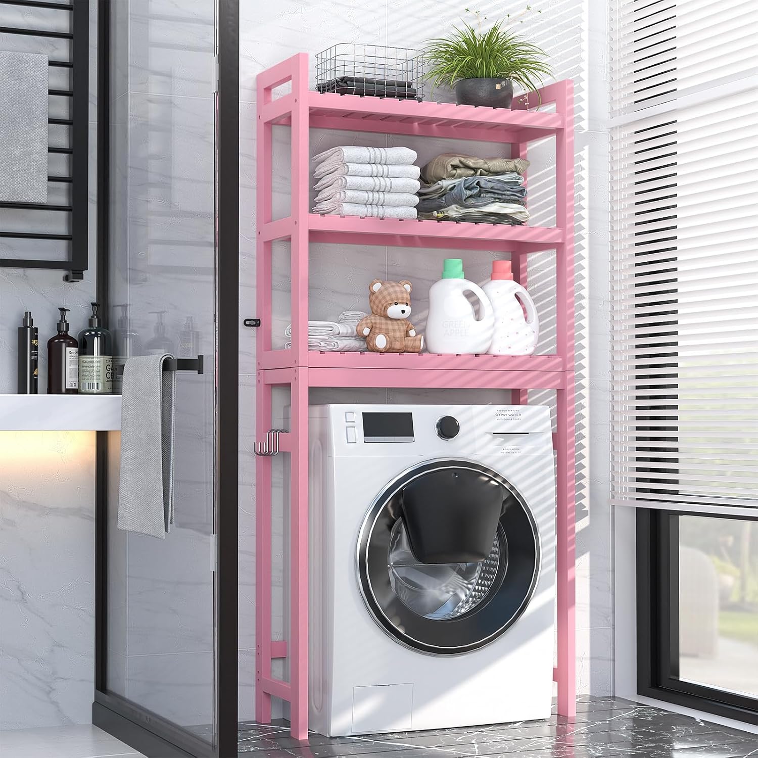 Homykic Bamboo Over The Toilet Storage Shelves, 3-Tier Above Toilet Storage Organizer Rack with 3 Hooks, Freestanding Bathroom Tower Shelf Unit for Small Space, No Rust, Easy to Assemble, Pink