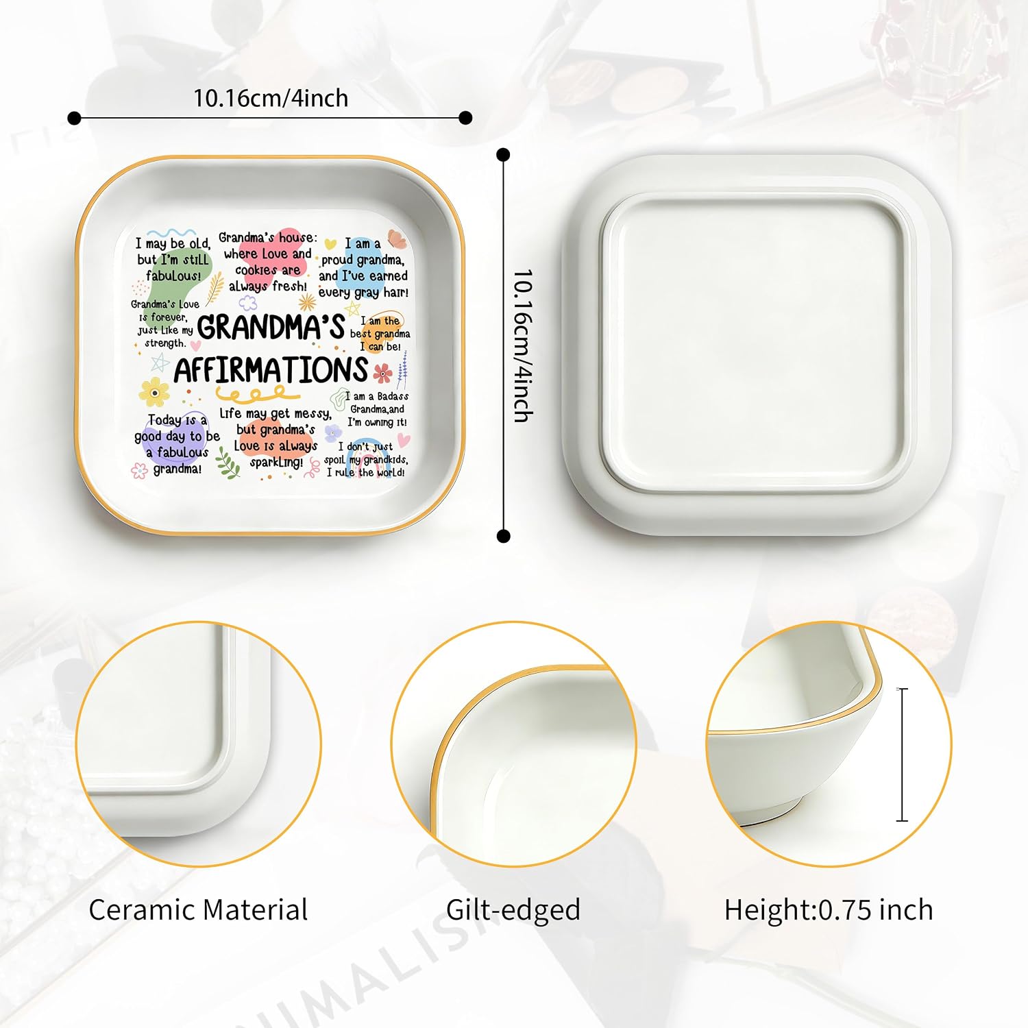 Gifts for Grandma Birthday Christmas Mothers Day Appreciation Grandma Gifts | Grandma's Affirmations Ring Dish 4", Ceramic