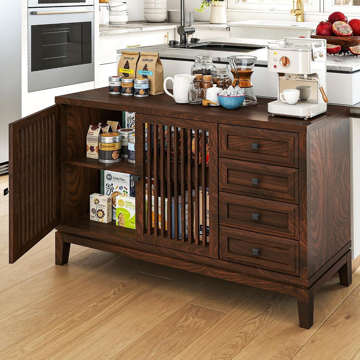 47" Walnut Farmhouse Buffet Sideboard Cabinet with Slat Doors for Kitchen | Wood Credenza with 4 Drawers & 2 Doors Coffee Bar Storage Cabinet with Adjustable Shelf for Living Room Entryway