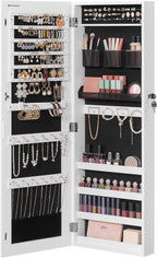 SONGMICS Jewelry Cabinet Armoire, Lockable Wall-Mounted Organizer Unit with 2 Plastic Cosmetic Storage Trays, Full-Length Frameless Mirror, Christmas Gift, White UJJC001W01
