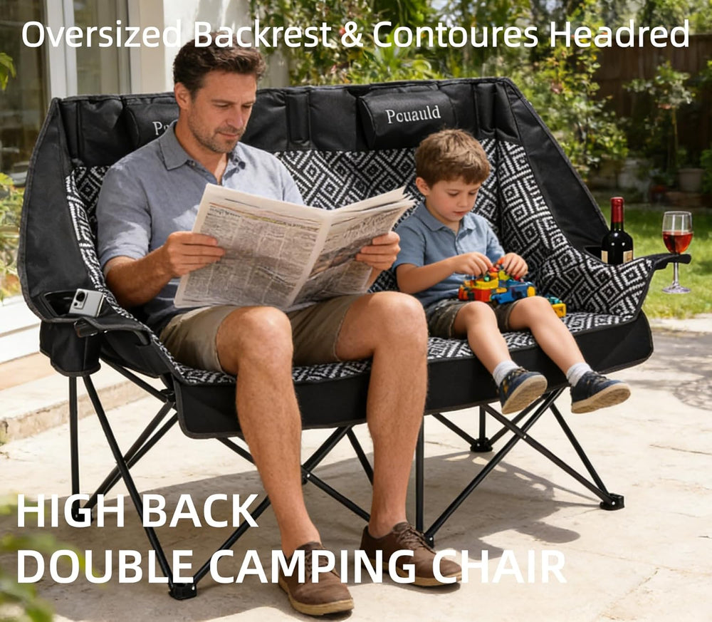 High Back Double Camping Chair Padded Folding Loveseat with Adjustable Pillow...