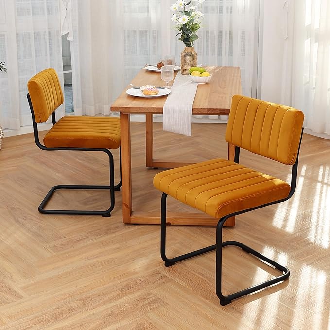 ONEVOG Velvet Dining Chairs Set of 2, Upholstered Kitchen Dining Room Chair, Comfy Chair with Black Metal Legs, Cantilevered Design Chair for Bedroom, Living Room (Orange)