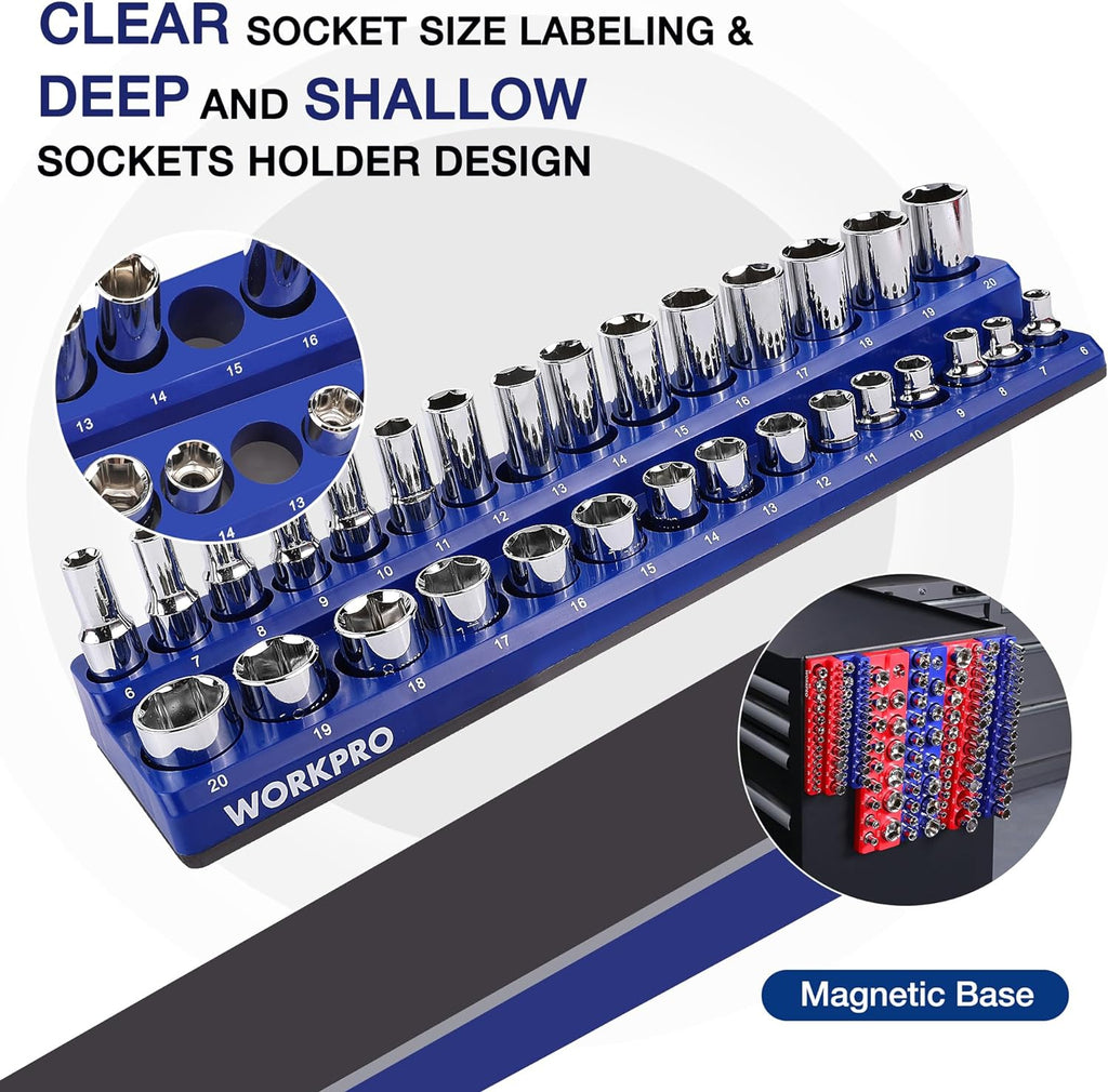 WORKPRO Magnetic Socket Organizer Set, 6-Piece Socket Holder Set Includes 1/4", 3/8", 1/2" Drive Metric SAE Socket Trays, Holds 143 Pieces Sockets, Christmas Gift for Men(Socket not Included)