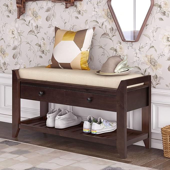 39″ Storage Bench with Cushioned Seat and Drawers,Multipurpose Wooden Entryway Ottoman,Hidden Compartment Organizing Shoe Rack,for Bedroom Hallway Porch,Espresso