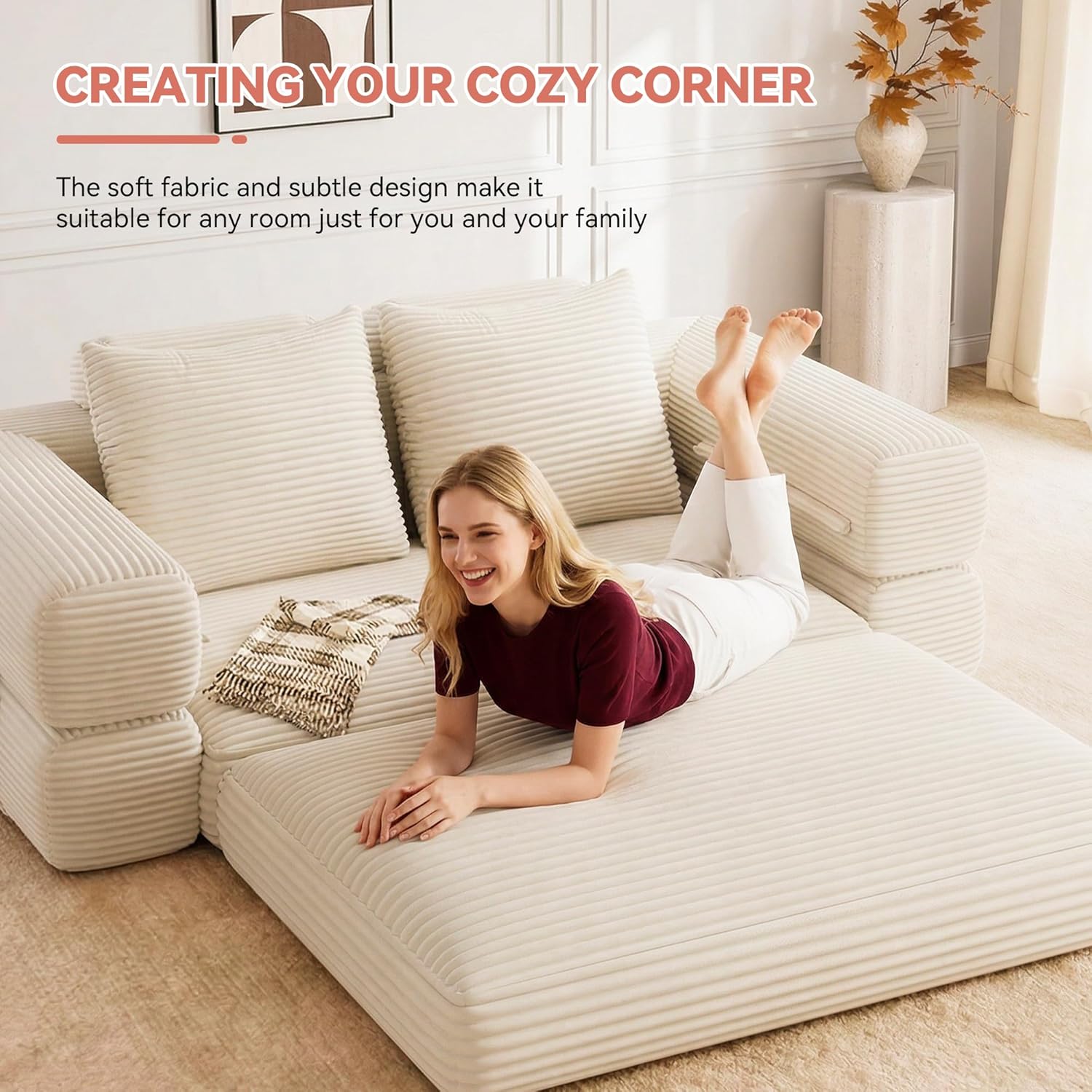 Jocoevol 4-in-1 Convertible Folding Sofa Bed, 78"W x 68"L Queen Size Foldable Sleeper Sofa Bed, Wide Corduroy Upholstery, Boneless Mattress Couch with Armrests & Neck Pillow for Living/Bedroom, Beige