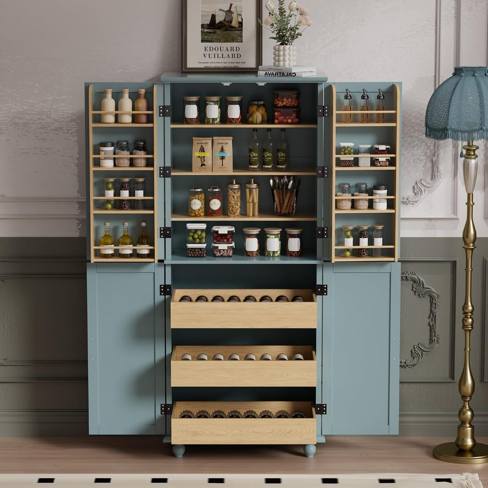 Scurrty Vintage Kitchen Pantry Cabinet with Drawers and Door Shelves, Blue | ...