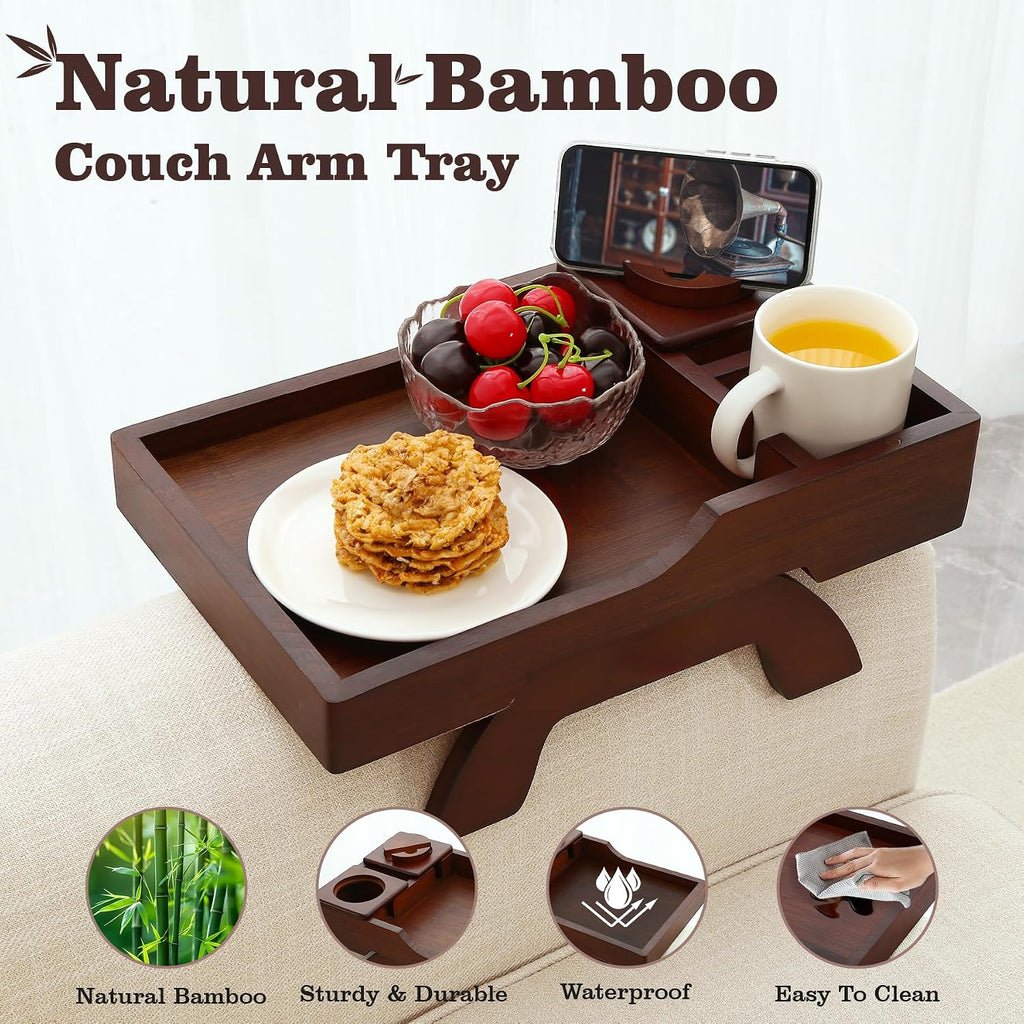 GHKINMAL Couch Cup Holder Tray, 15.4"x9.9" Large 4 in 1 Couch Armrest Table with 360°Rotated Phone Holder, Non-Slip Clip on Side Table for Drinks/Remote/Snacks, Ideal Gift for Husband, Wife, Parents