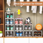 6 Pack Thicken Shoe Organizer Stackable,Upgraded Sturdy Shoe Storage Box with Magnetic Door,Shoe Containers for Sneaker Display,White
