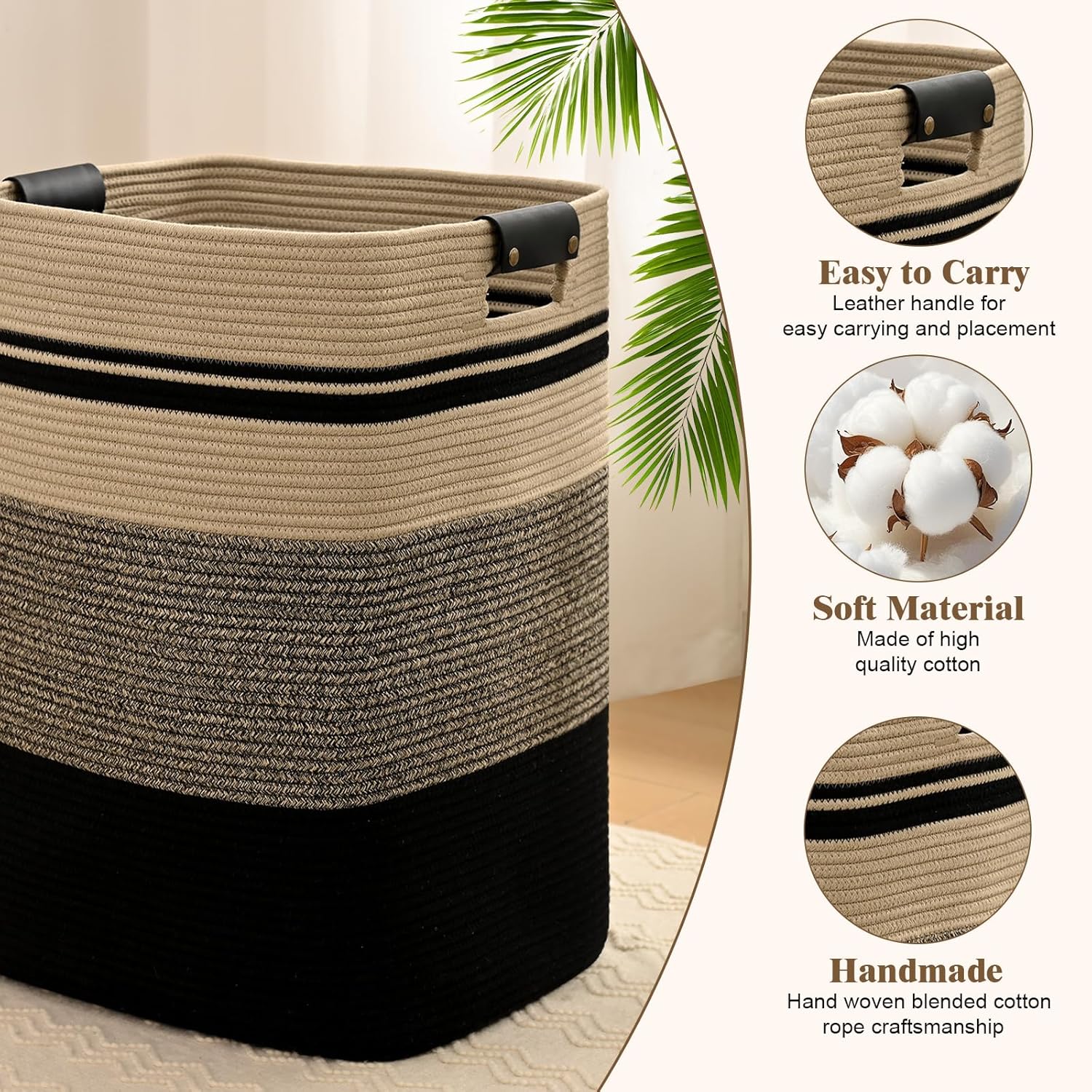 Laundry Hamper, 85L Tall Laundry Basket with Leather Handles, Rectangle Large Clothes Hamper for Organizing, Cotton Woven Laundry Baskets Storage Hampers for Bedroom, Nursery, Living Room