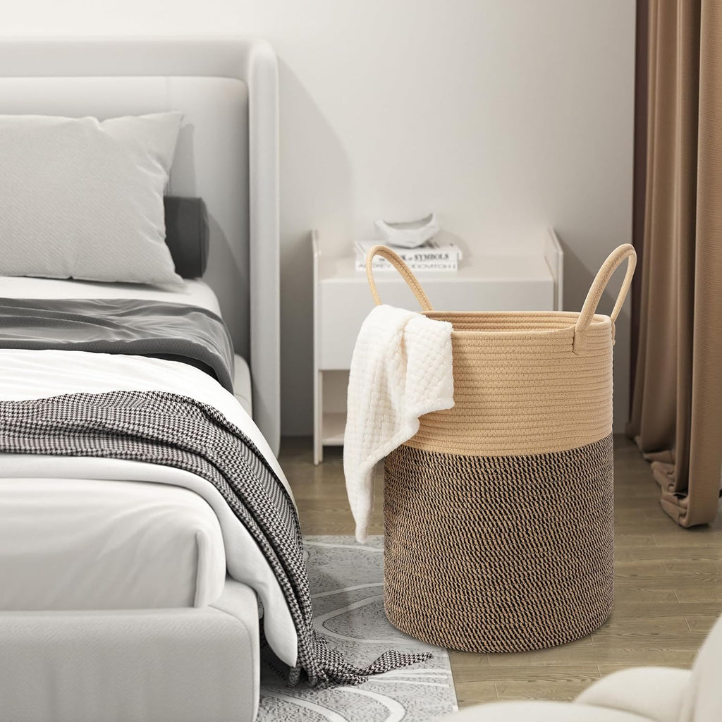 58L Cotton Rope Laundry Basket (20"x15"),Woven Basket for Storage Dirty Clothes Basket for Laundry, Living Room, Nursery, Bedroom Rope Storage Basket for Blankets（Brown/Stitches）