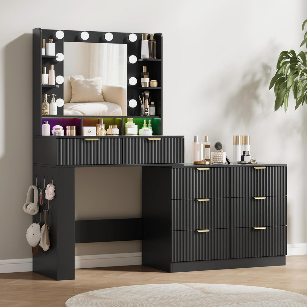 HUANLEGO 57" Fluted Makeup Vanity Desk with Mirror and Lights, Black | V...