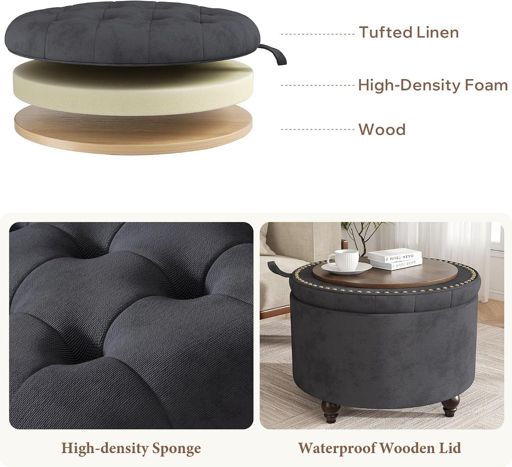 24 Inch Round Storage Ottoman,Modern Tufted Ottomans,Circular Coffee Table wi...
