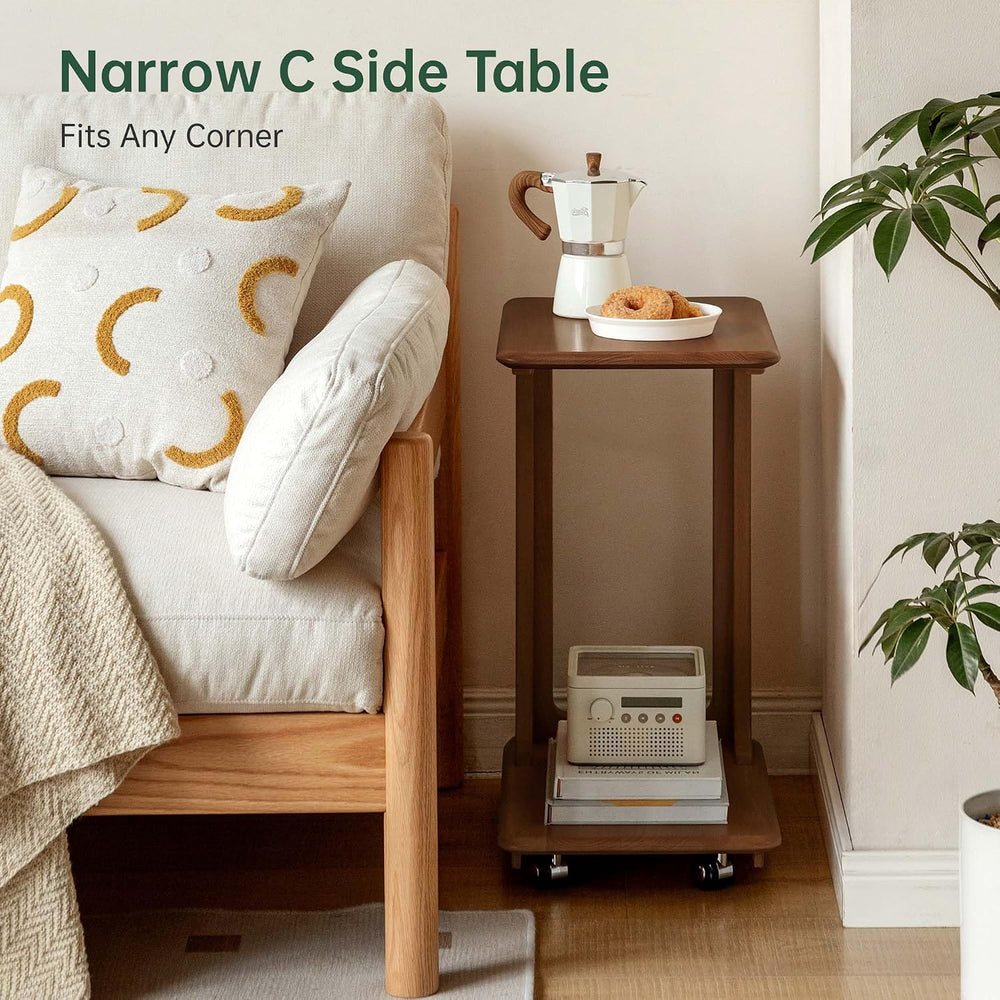 YESWOOD 100% Solid Wood C Shaped Side Table with Wheels, Small Side Table for...