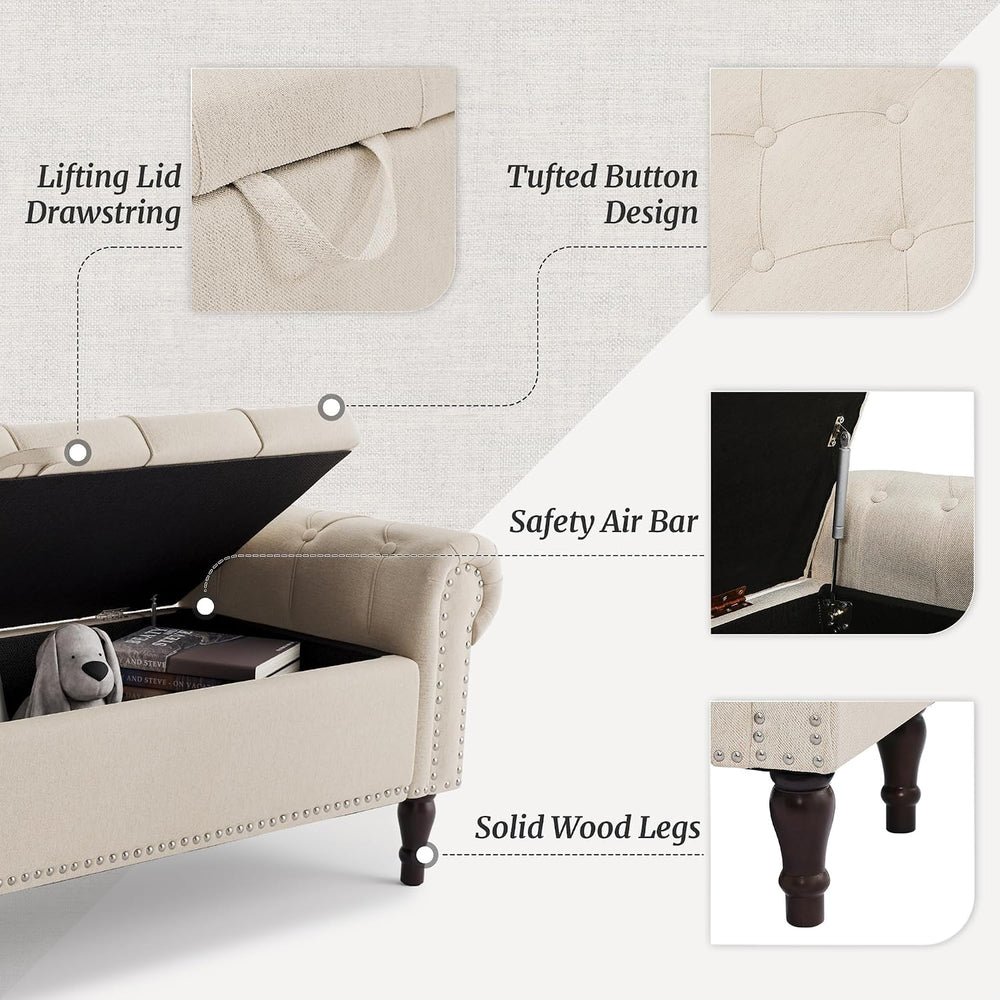 Cozyman Storage Bench Ottoman, 61" King Linen Rolled Arm Bedroom End of ...