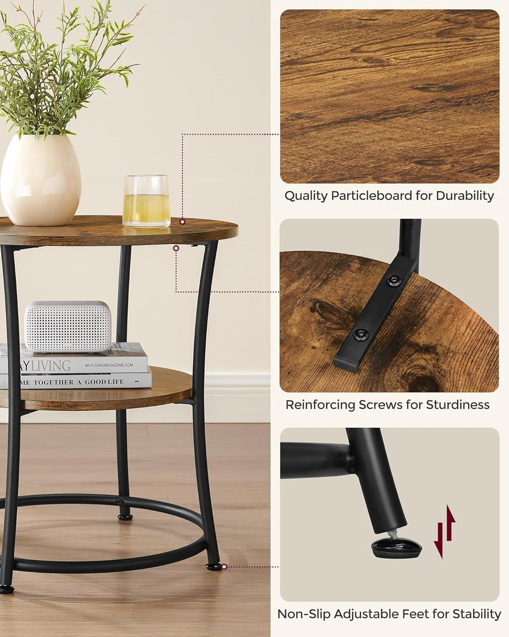 VASAGLE 21.7-Inch Round Side Table, 2-Tier End Table, Nightstand with Steel F...