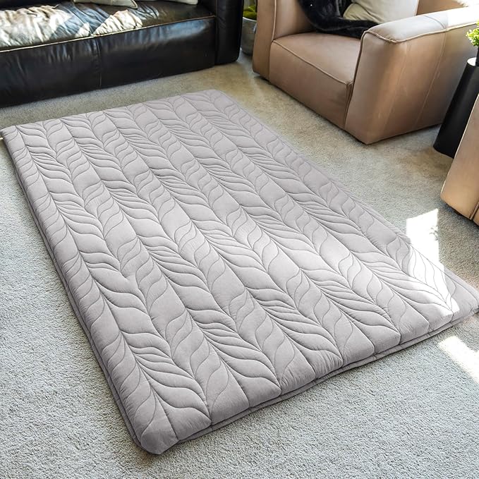 ZonLi Japanese Floor Mattress Futon Mattress King Size, Thicken Roll Up Tatami Mat w/ 100% Cotton Washable Cover, Portable & Foldable Floor Bed for Sleeping, Dormitory, Adult Kids, Grey