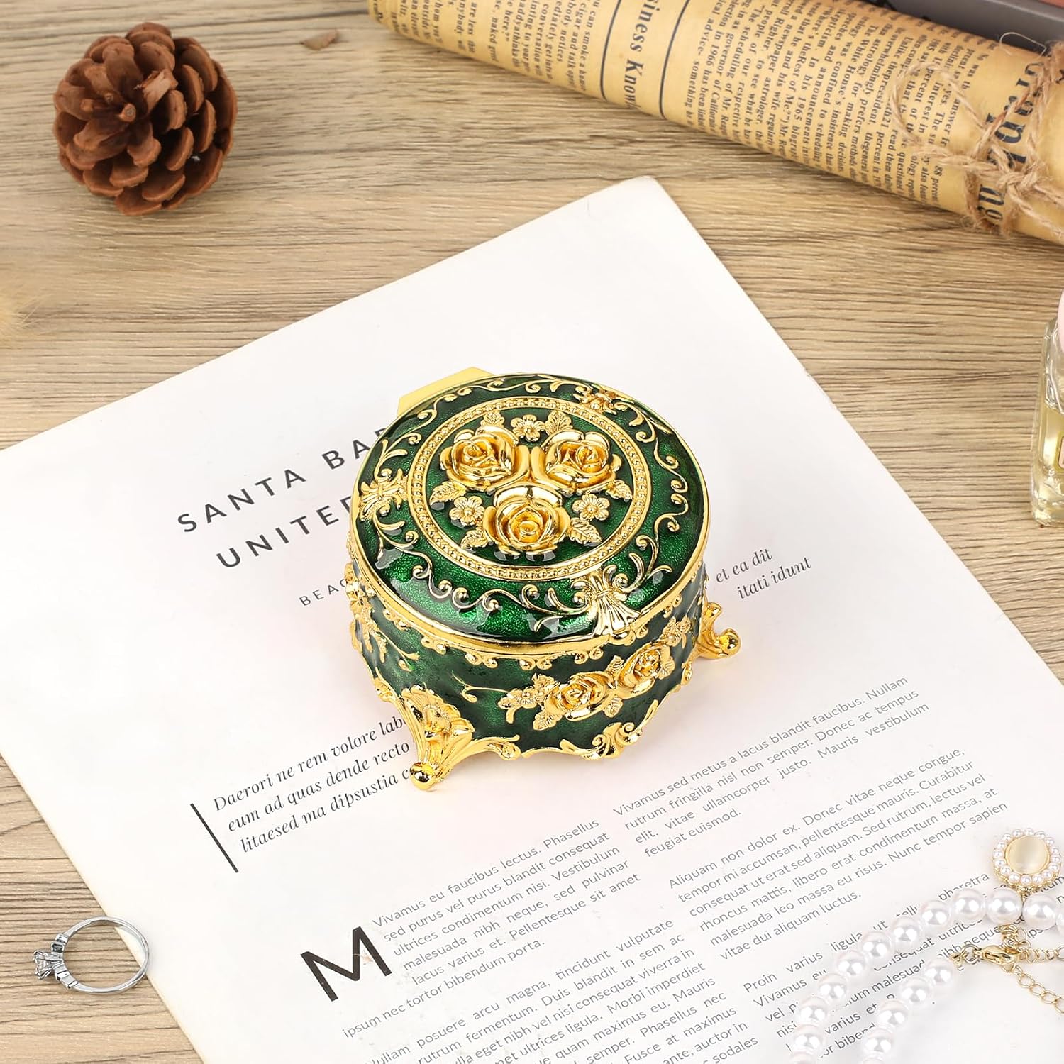 Hipiwe Vintage Metal Jewelry Box Small Ring Holder, Green with Gold Rose | Round Treasure Chest Keepsake Boxes, Trinket organizer for Earrings Necklace Gift for Women