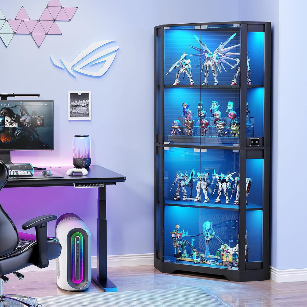 BROTTAR Lighted Corner Display Cabinet with Glass Doors for Collectibles