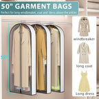 50” Garment Bags for Hanging Clothes 4” Gusseted - with Clear Window, Breathable Fabric, Metal Zipper, Suit Coat Long Dress Protector for Clothes Closet storage, Season Off, Moving, 5 Pack