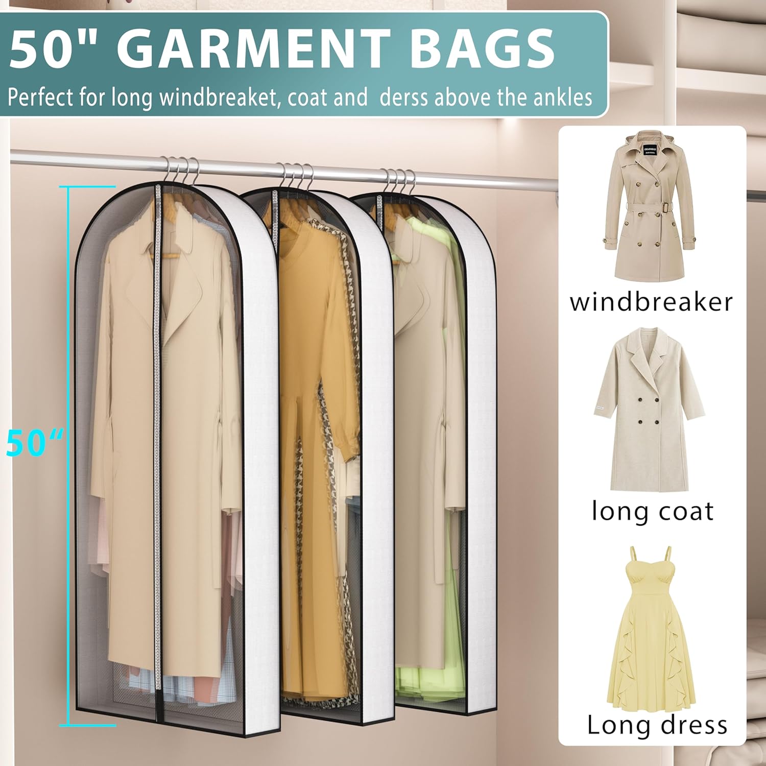 50” Garment Bags for Hanging Clothes 4” Gusseted - with Clear Window, Breathable Fabric, Metal Zipper, Suit Coat Long Dress Protector for Clothes Closet storage, Season Off, Moving, 3 Pack