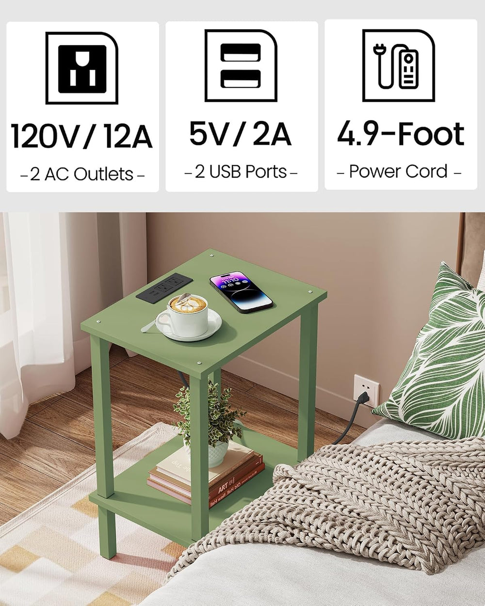 TUTOTAK End Table with Charging Station, Small Side Table with Outlets, Night...