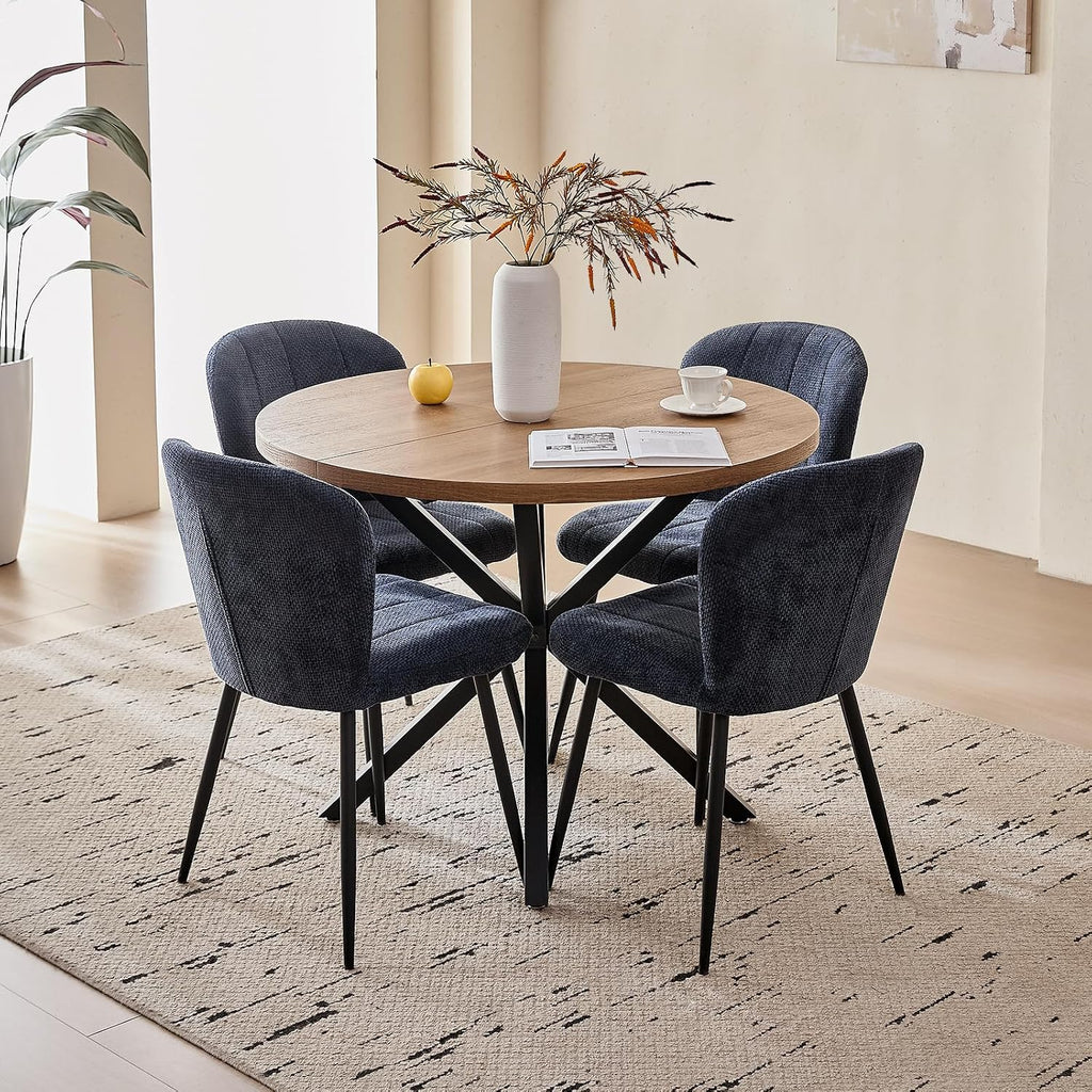39" Round Dining Table Set for 4, Mid Century Kitchen Table with 4 Upholstered Accent Dining Chairs for Apartment Living Room Space Saving, Brown with Blue Chairs