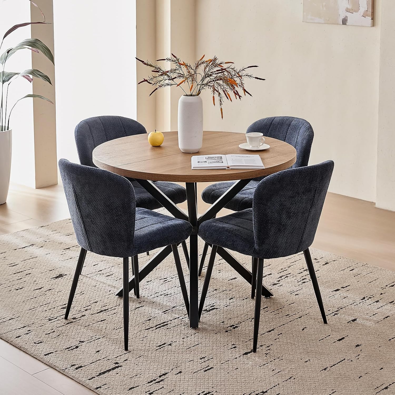 39" Round Dining Table Set for 4, Mid Century Kitchen Table with 4 Upholstered Accent Dining Chairs for Apartment Living Room Space Saving, Brown with Blue Chairs