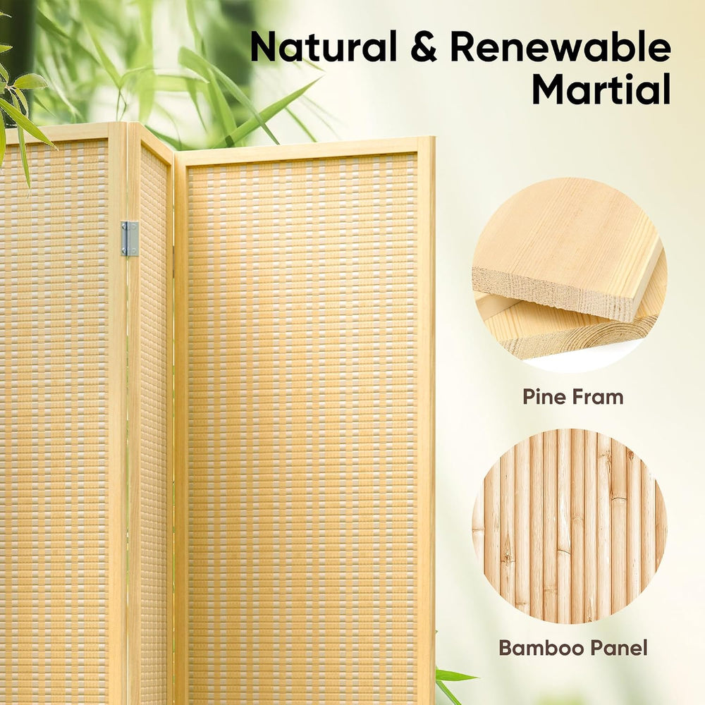 JOSTYLE Room Divider 4 Panel Folding Privacy Screen, Woven Bamboo, Wooden