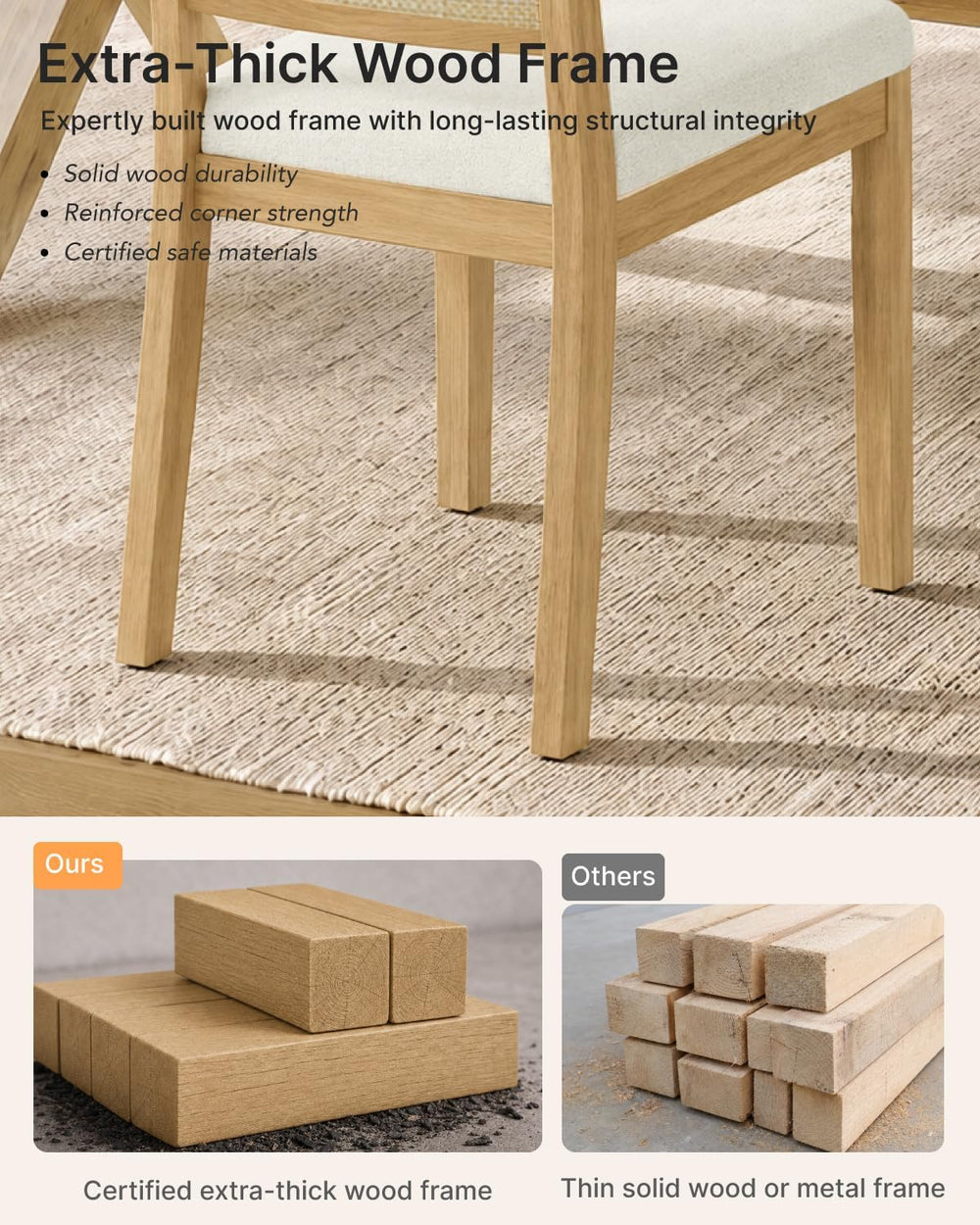 KISLOT Natural Rattan Dining Chairs Set of 6, Soild Wooden Chairs, Natural
