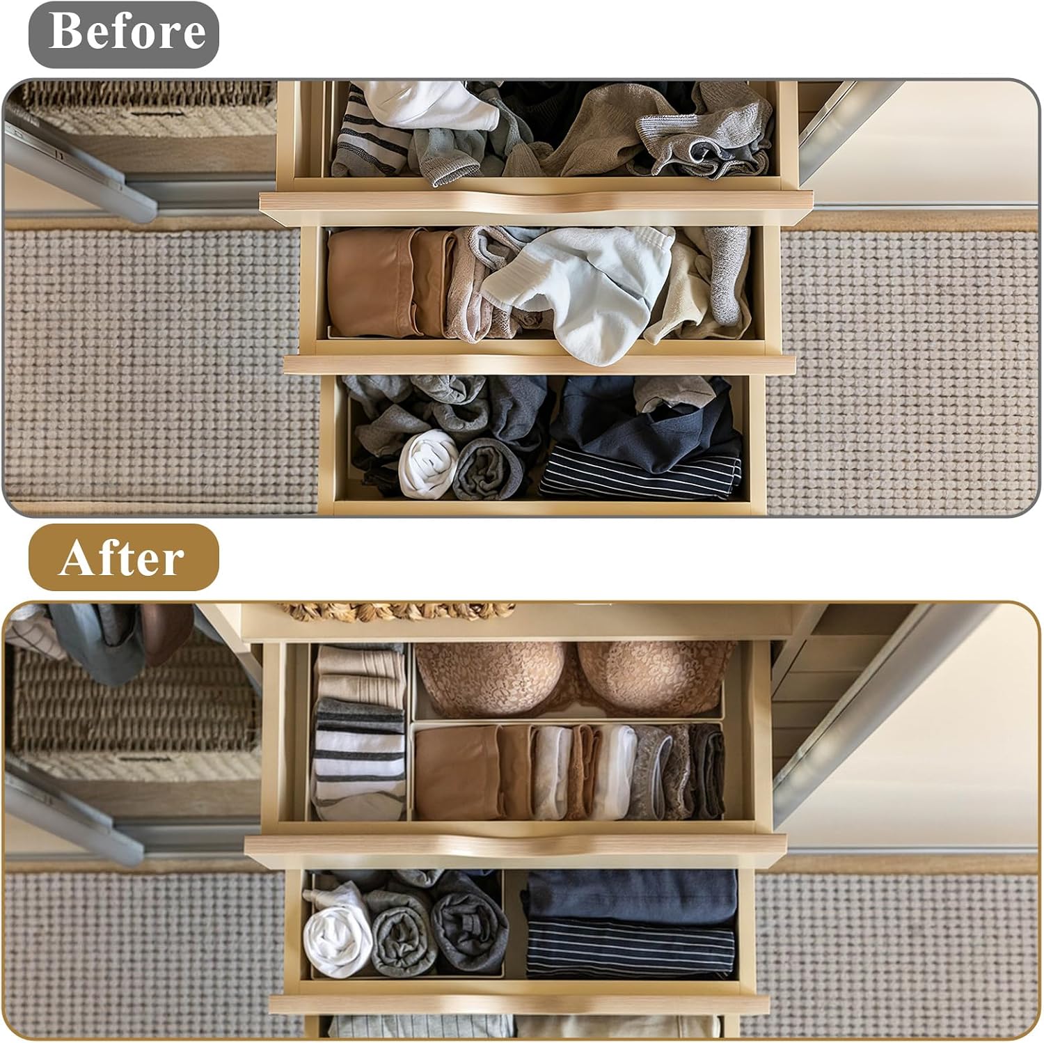 SHENLIU 12 Pack Foldable Cloth Storage Box, Drawer Organizer Clothes, Underwear Organizer, Closet Organizers and Storage Dresser Dividers for Clothes Underwear Bras Socks Lingerie Clothing, Beige