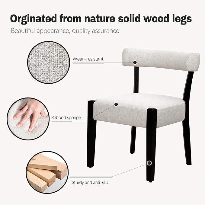 Modern Dining Chairs Set of 6, Upholstered Kitchen & Dining Room Chairs, Mid Century Modern Wooden Dining Chairs Oversized Sturdy Fabric Rounded Chairs Curved Back, Black and Beige