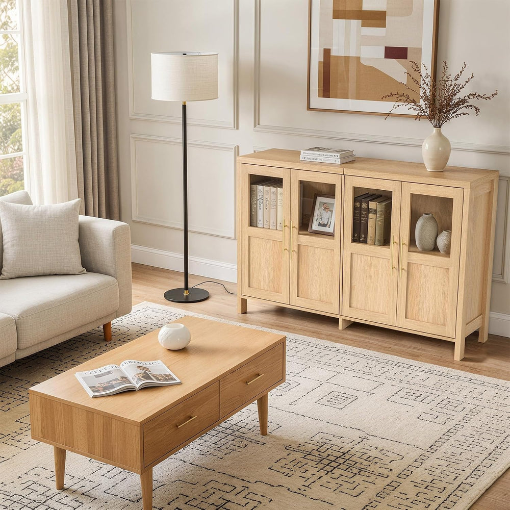 55" Sideboard Cabinet with Glass Doors, Large Buffet Cabinet with Storag...