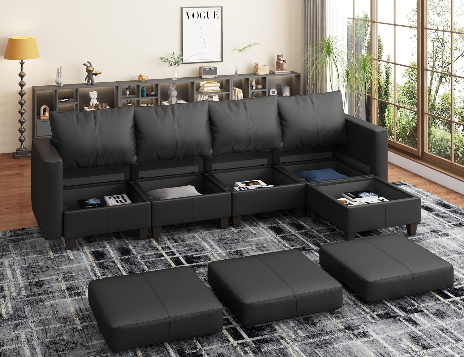 EASE MOOSE Faux Leather Sectional Couch with Storage,Black U Shaped Faux Leather Modualr Sofa Couch，with Storage