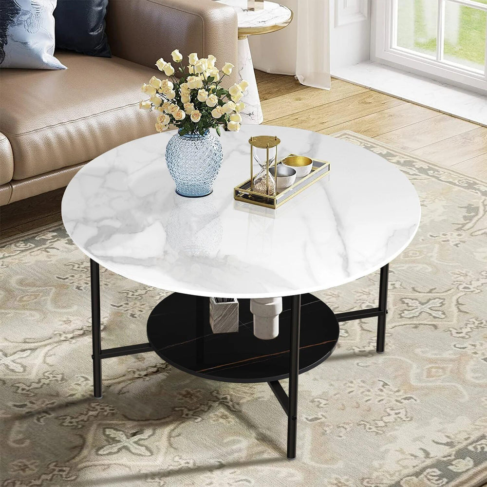 31.5Wx20.1Dx18.7H inch Round Marble Coffee Table, 2 Tier, Sofa Side End Table...