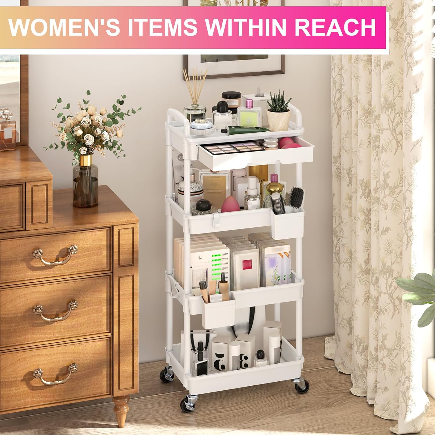 Goovilla 4 Tier Rolling Utility Cart Organizer with Removable Drawer, Stable and Sturdy White Rolling Storage Carts with 2 Lockable Wheels for Bathroom, Kitchen, Snack, Craft, Makeup, Baby Essentials