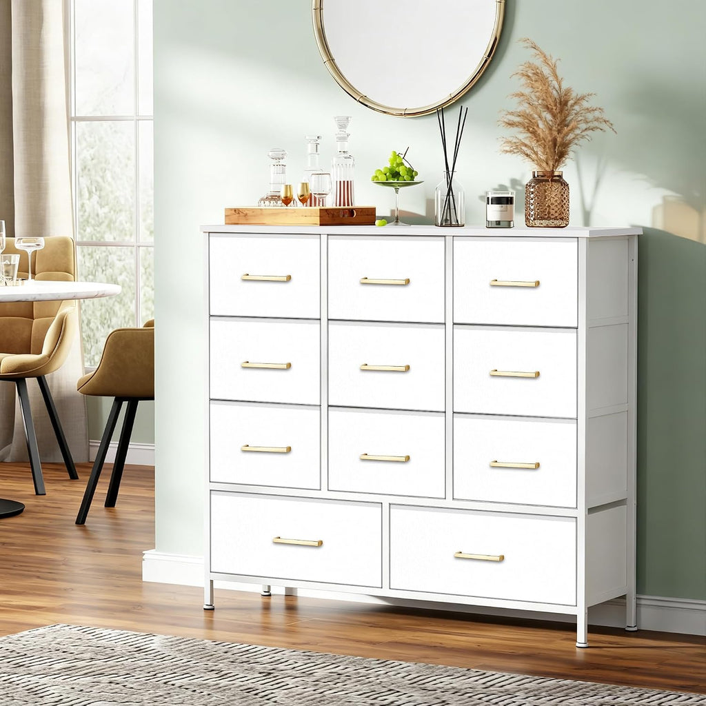 VASICAR 11-Drawer Compact Dresser for Bedroom, Fabric Clothes Storage Organizer, White Chest of Drawers with Wood Top for Closet, Nursery, Living Room
