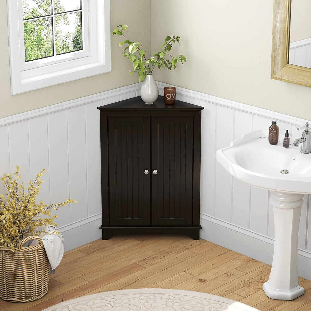 Spirich Corner Bathroom Cabinet with Doors and Adjustable Shelf, Espresso