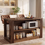 55" Solid Wood Kitchen Island Table with Storage | Farmhouse Island Table with 2-Tier Open Shelves, Sturdy Counter Height Bar Table for Kitchen, Dining Room, Rustic Brown