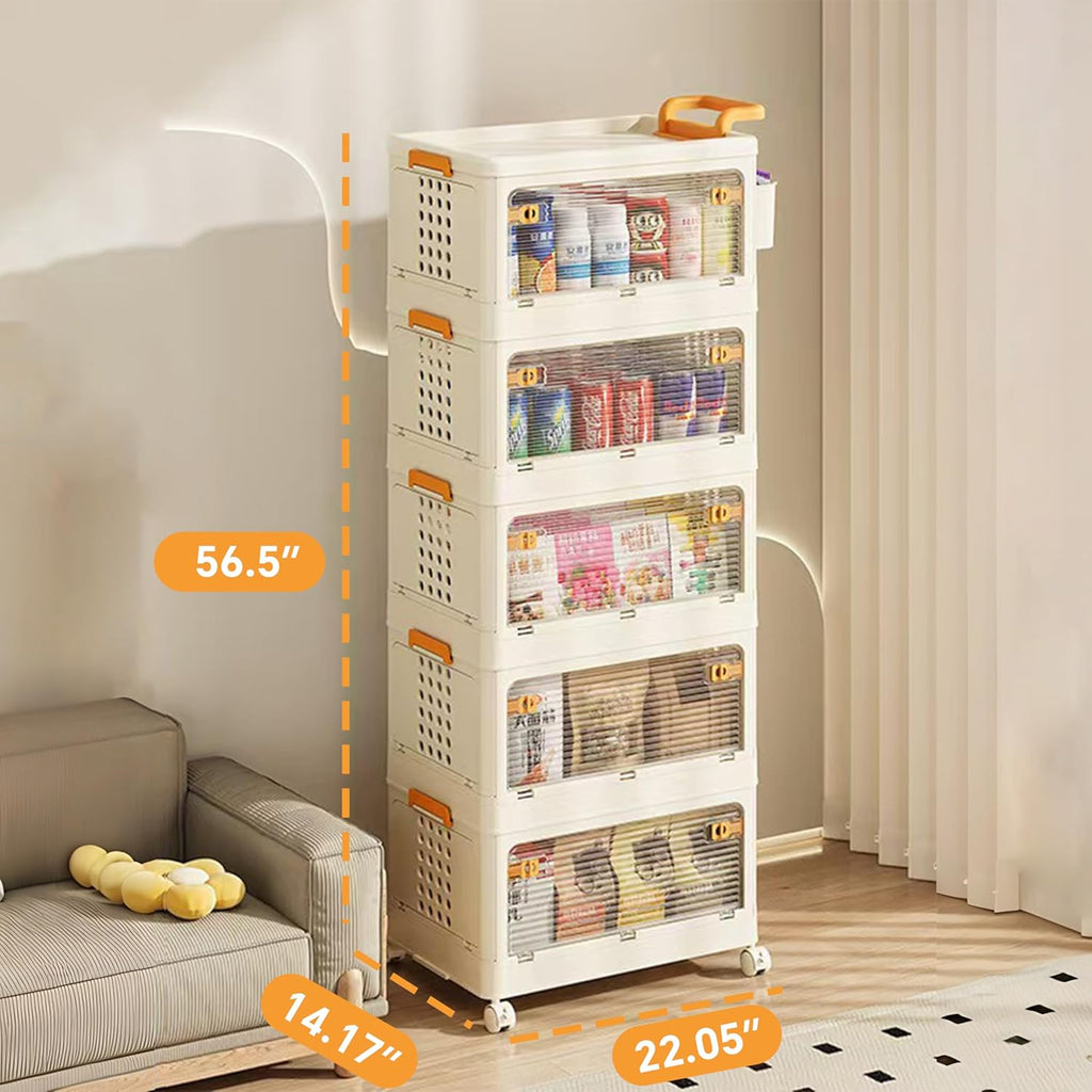 58 QT Stackable Storage Bins with Lids, Rolling Storage Cart with Clear Doors, 5 Tier Storage Utility Cart Drawer, Foldable Storage Cabinet Containers for Home, Office, Kitchen, Bedroom, White
