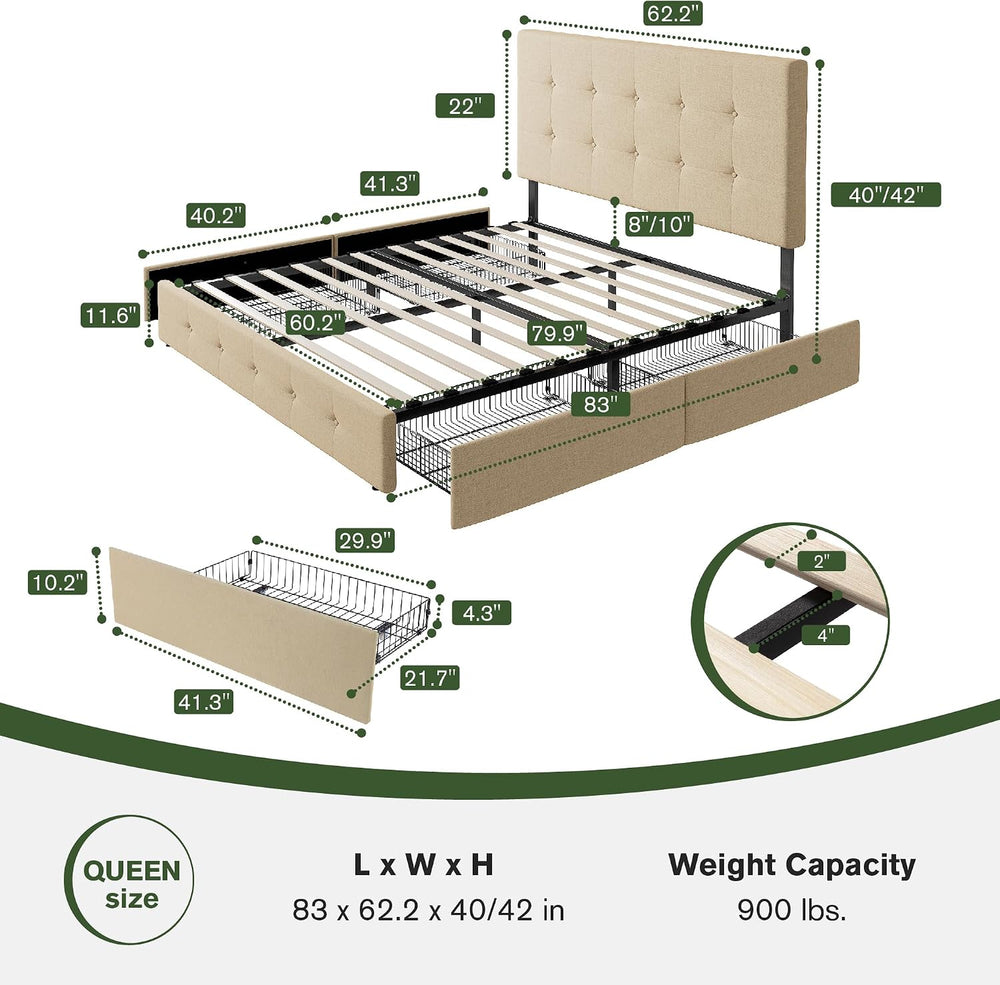 MUTICOR Queen Size Bed Frame with 4 Storage Drawers, Upholstered Platform Bed...